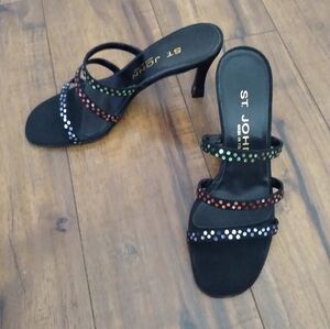 St John Black Suede‎ Triple Strap Studded Mule Heels Made in Italy